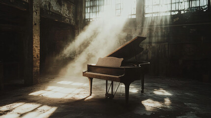 A dust-covered piano in a warehouse, surrounded by shadows and silence, light filtering through broken walls.