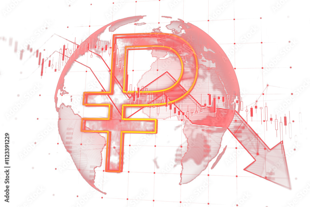 Poster russian ruble symbol over globe and stock chart with red downward arrow, digital style, isolated on 