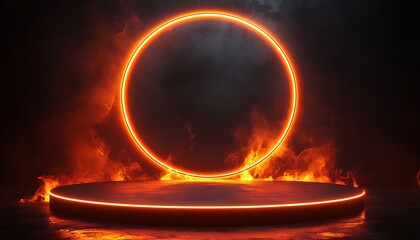 3D neon podium with cyberpunk black and orange tones, featuring a glowing circular background for impactful product presentations.