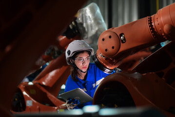 female engineer,technician wearing safety uniform use tablet to checking machine operation industrial robot, a robot system used for manufacturing. assembly of industrial parts using robotic arms