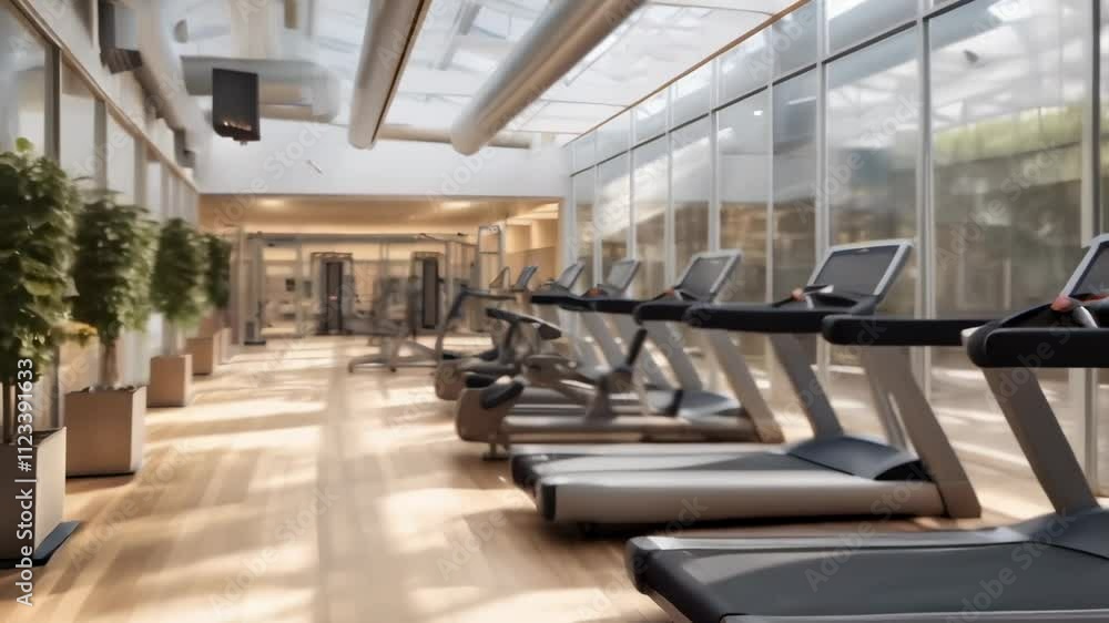 Poster several treadmills and exercise bikes stand ready for use in a modern, sunlit gym, potted plants add
