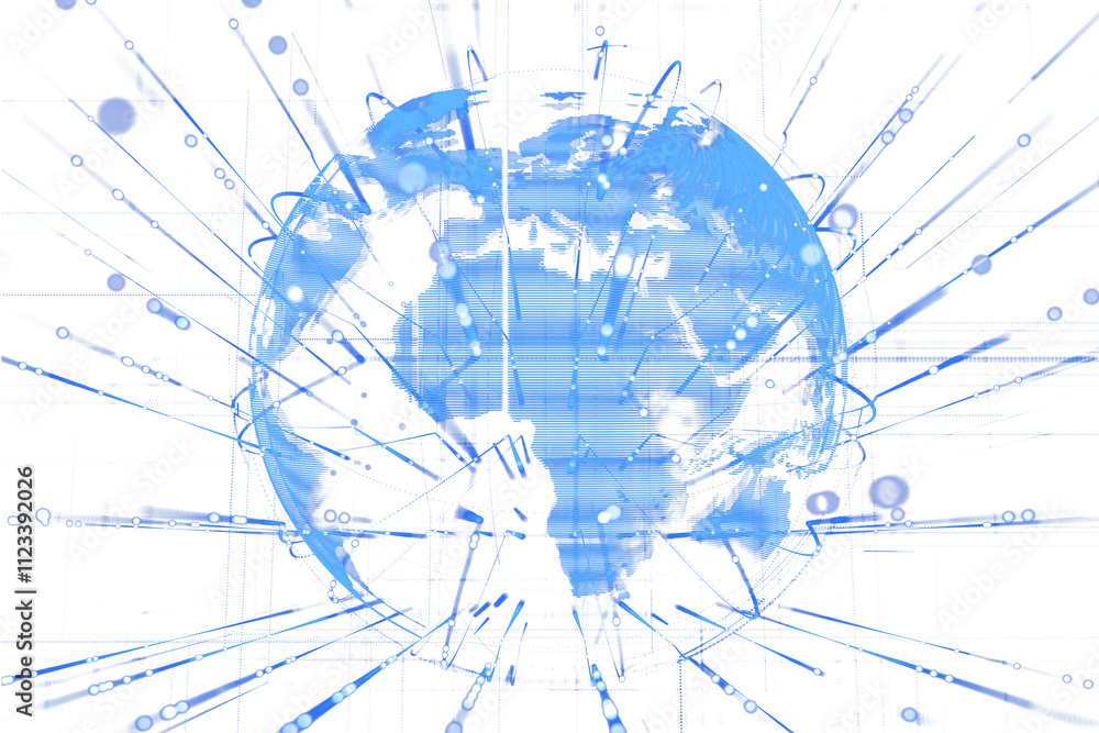 Poster abstract digital globe with neon blue lines, dots, and light effects, isolated on a clean white back