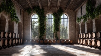 Fototapeta premium Soft Lit French Winery with Many Aging Oak Barrels in Rustic Cellar Interior