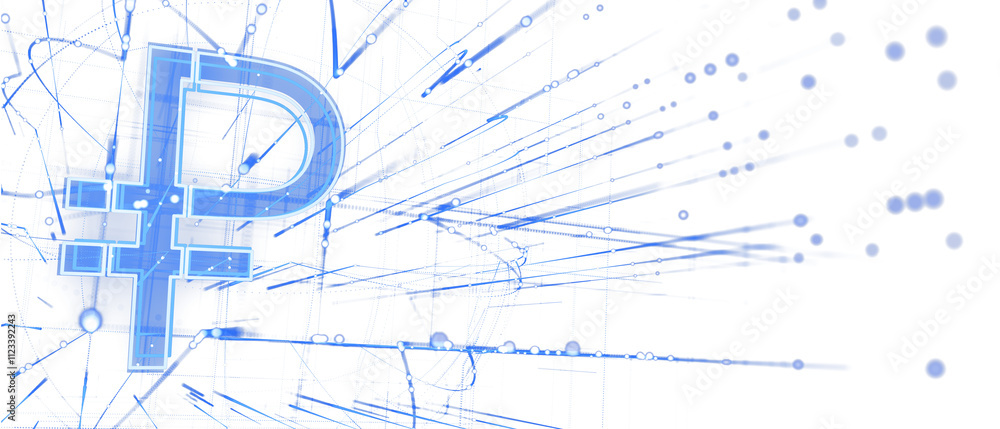 Poster Ruble symbol in neon blue holographic style, surrounded by dynamic abstract lines and dots on a clean white background, concept of tech design. 3D Rendering.