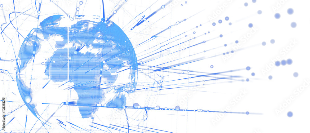 Poster Blue Earth with abstract lines, dots, and connections on a clean white background. Digital style. Concept of global communication and tech. 3D Rendering.