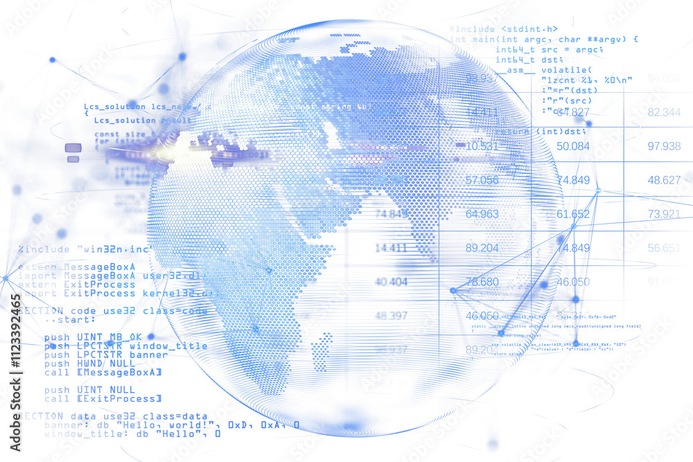 Aufkleber Abstract digital globe with blue hexagonal texture, data points, and programming code overlay on a white background. Concept of technology. 3D Rendering.
