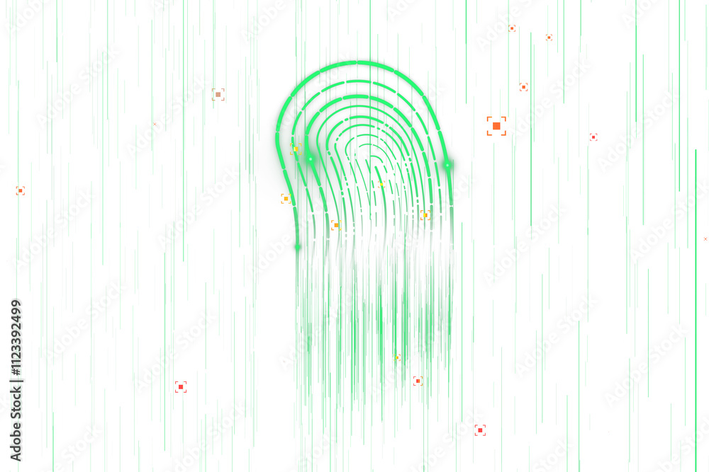 Poster glowing digital green fingerprint hologram with vertical lines on white background, futuristic tech 