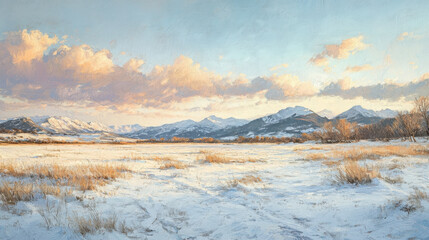 Obraz premium A wide view of a snow-blanketed meadow with distant mountains under a soft pastel winter sky