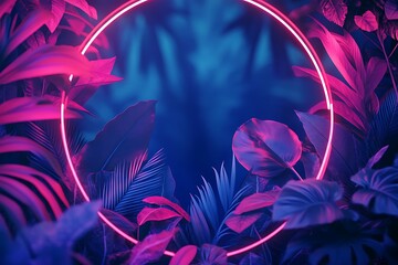 Dark blue and vibrant pink jungle plants encased in a neon circle frame with plenty of copy space. Ultra-realistic, HD quality.