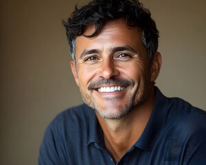 Fototapeta premium portrait of a smiling man charming 45-year-old man with short black hair, wearing a casual white shirt and jeans, smiling warmly on a muted green background. Mature Hispanic Man