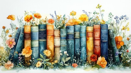 Colorful books surrounded by vibrant flowers