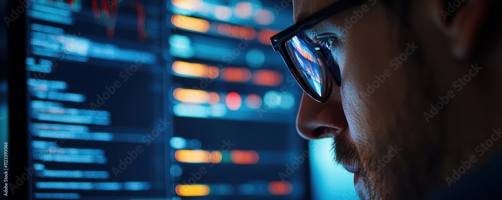 Poster a focused individual analyzes data on multiple screens, illuminated by vibrant digital graphics, sho