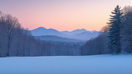 Obraz premium A wide view of a snow-blanketed meadow with distant mountains under a soft pastel winter sky
