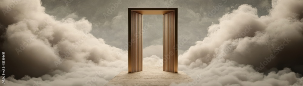 Aufkleber a surreal scene featuring a wooden door emerging from fluffy clouds, suggesting a transition or gate