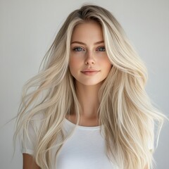 Fototapeta premium Blonde Woman with Long, Flowing Hair in a White Shirt