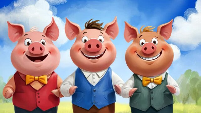 Three little pigs smiling wearing vests and bowties