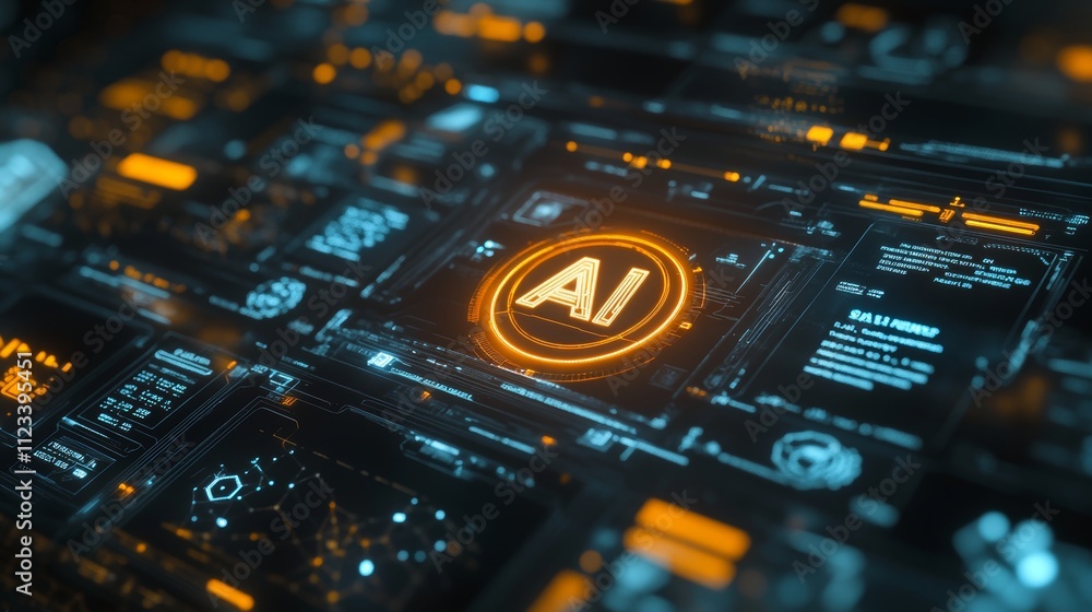 Aufkleber futuristic ai interface showcasing dynamic visuals and iconography on a dark gray background