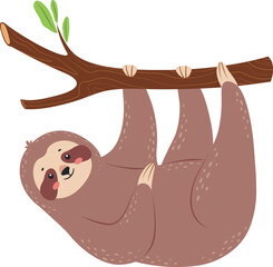 Obraz premium Adorable cartoon sloth hanging upside down from a tree branch, enjoying a peaceful life in the rainforest, ideal for children s books and charming wildlife projects