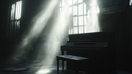 A dusty piano in an old factory with light streaming through broken windows, creating a haunting scene.