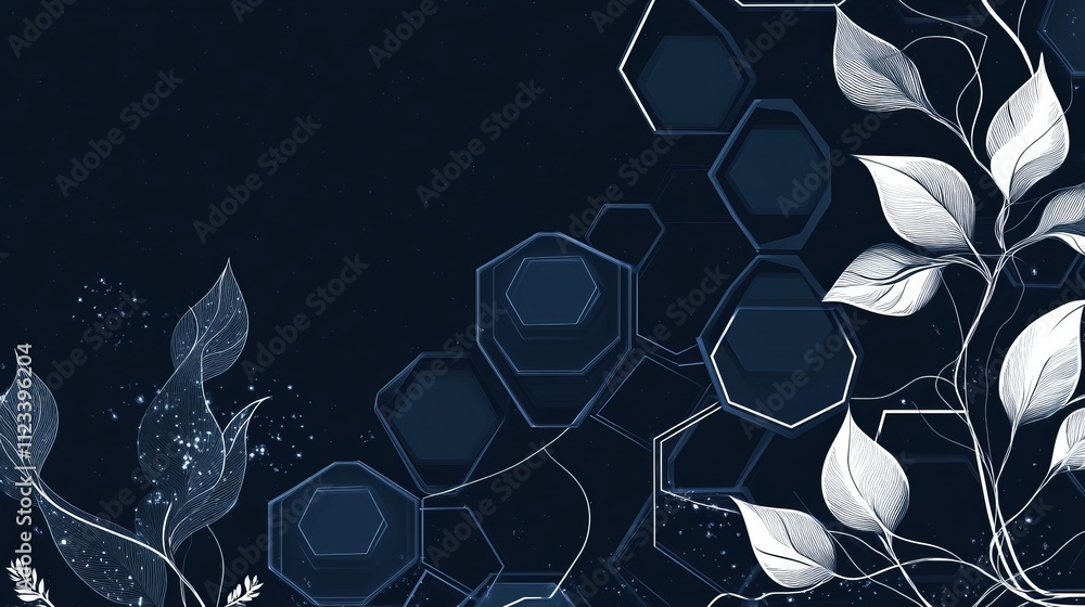Poster dark blue banner featuring white hexagonal tech elements and digital network connection design