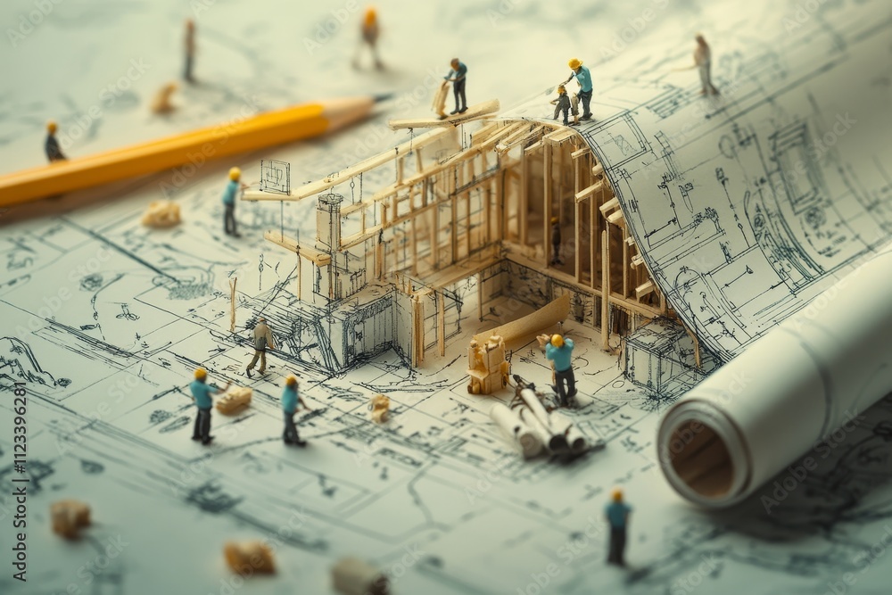Aufkleber dynamic blueprint scene tiny workers engaged in building a dream home with architectural tools