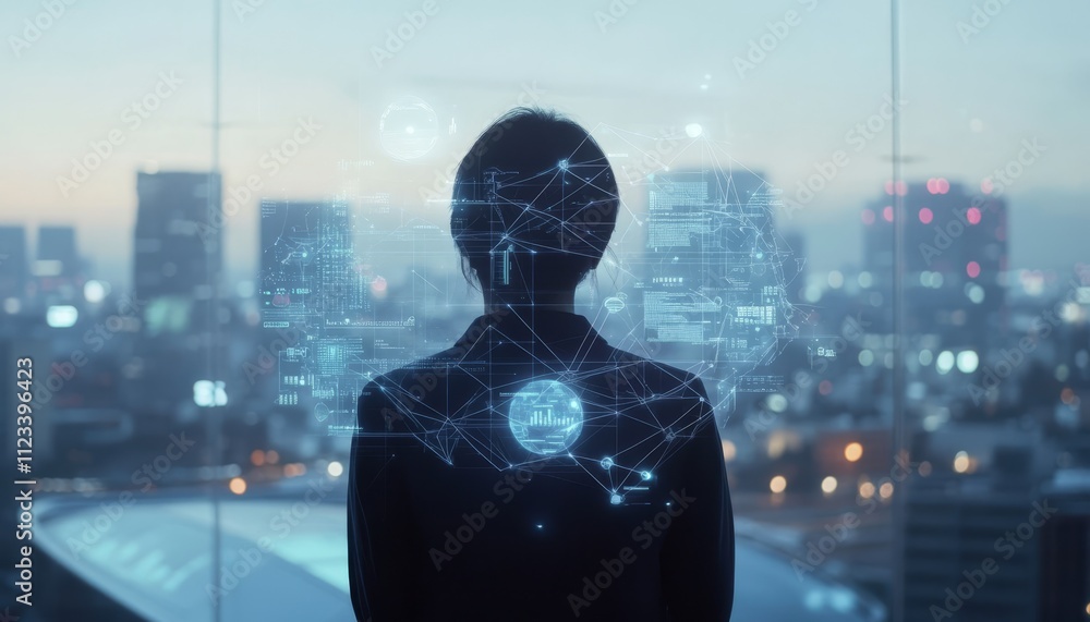 Poster Business professional interacts with digital screen displaying company network data visualization