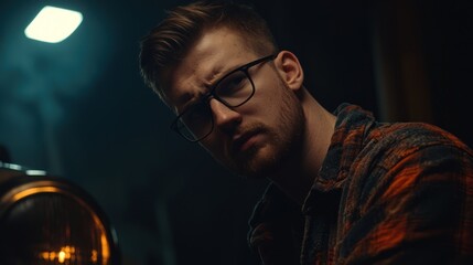 Night Portrait of a Bearded Man Wearing Glasses and Flannel Shirt Near a Motorcycle