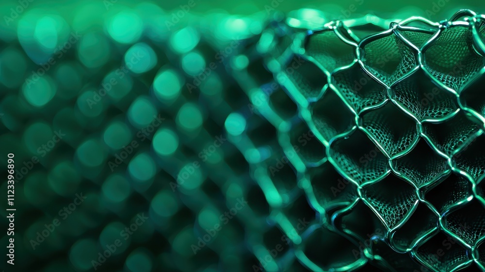 Poster A close-up image of a green, hexagonal mesh pattern, showcasing intricate details and a vibrant color palette.