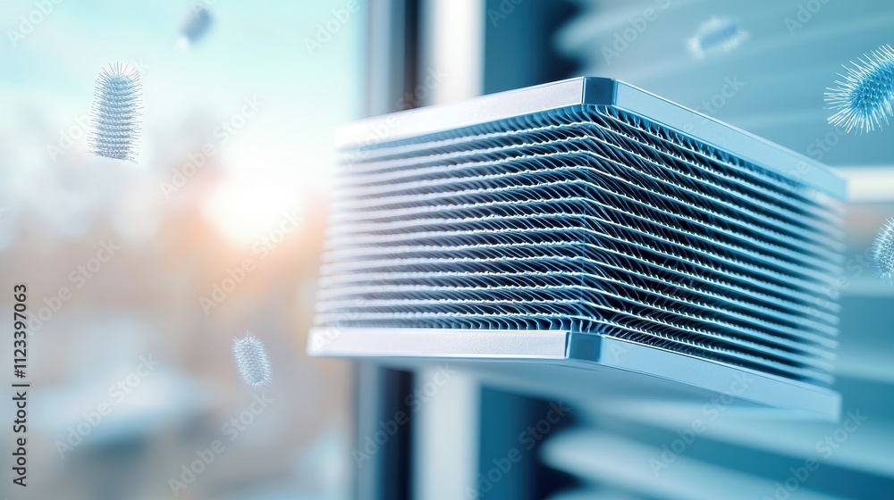 Poster a close-up of an air filter surrounded by floating particles, highlighting its role in purifying ind