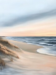Serene Sunrise at Tranquil Beach, gentle waves caress the shore, golden light illuminates soft sand dunes, inviting a sense of peace and relaxation.