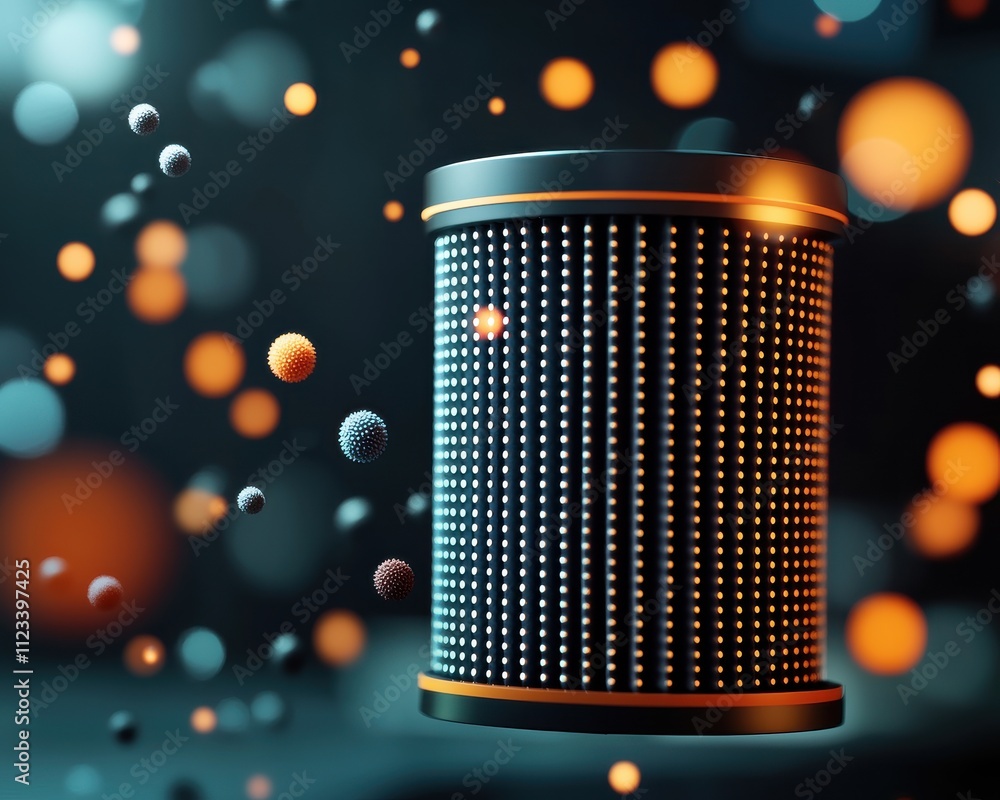 Poster a futuristic cylindrical object with a textured surface, surrounded by glowing orbs in a dark, ether