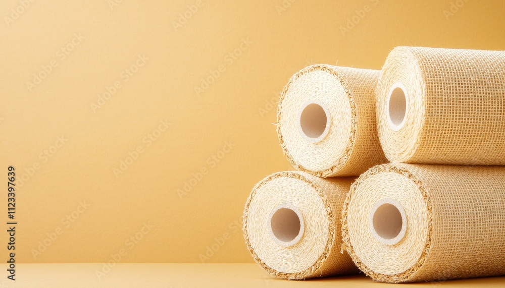 Poster four rolls of textured material stacked against a warm yellow background, showcasing a minimalist de