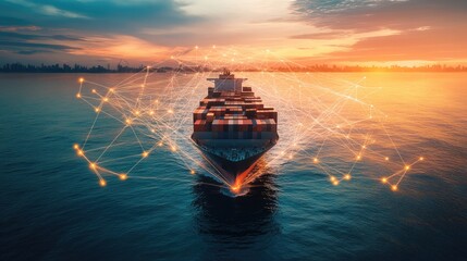 Fototapeta premium Container ship at sea with digital network links, digital trade network connection concept, global shipping industry 
