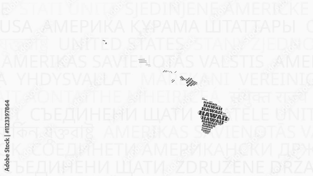 Poster hawaii intro animation. state with counties illustration video. background with state names in vario
