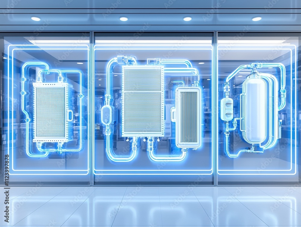 Aufkleber a futuristic display featuring glowing diagrams of technological components, showcasing intricate de
