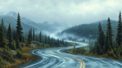 Winding mountain road in a misty, rainy landscape.