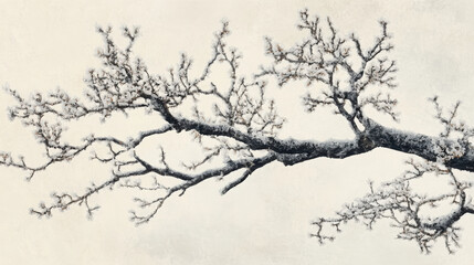 Fototapeta premium Sparse branches of a tree coated with a light layer of frost, set against a pale overcast background