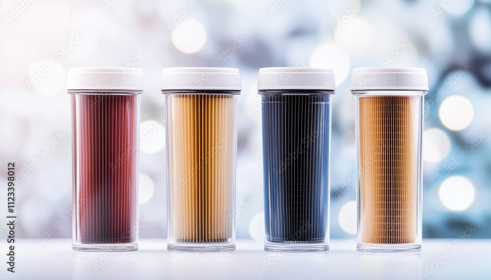 Poster Four jars filled with colorful threads stand against a soft, blurred background, creating a vibrant and artistic display.