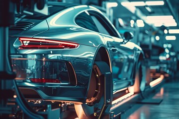 Obraz premium Modern automotive assembly line with car bodies ready for quality checks and painting process