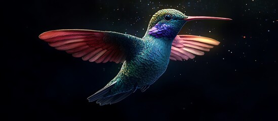 Detailed 3D render of a colorful hummingbird in flight, with a dark, artistic background. Ultra high resolution vector illustration. Full ultra HD