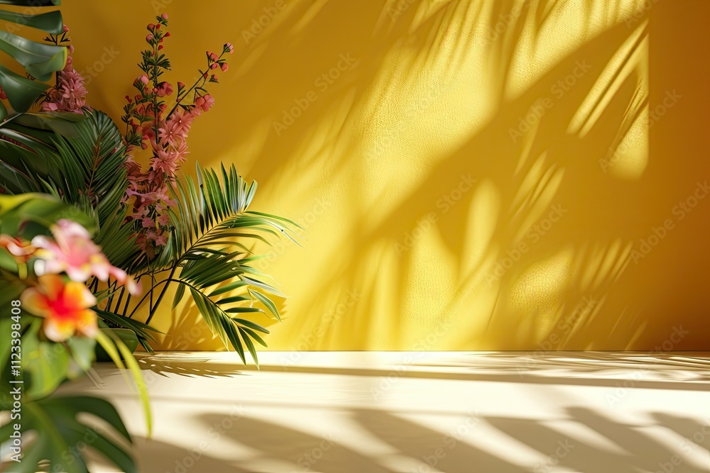 Poster Clear Pixel Visual of Yellow Gradient Background with Window and Palm Leaf Shadows