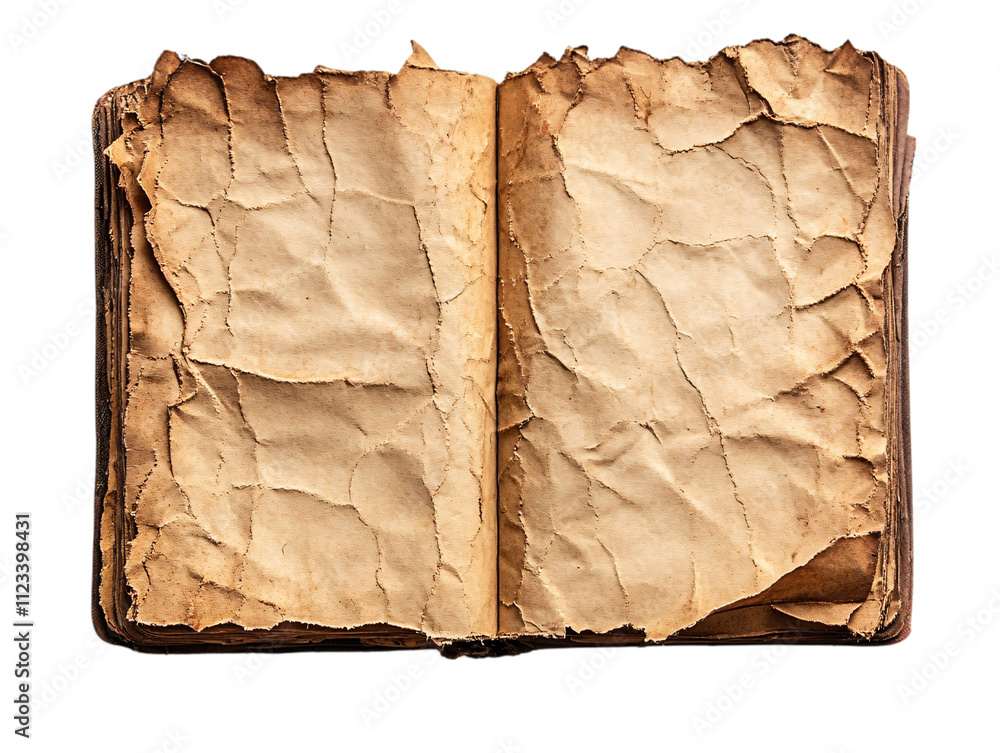 Poster a worn, open book with crumpled, yellowed pages displaying signs of age and use on transparent backg