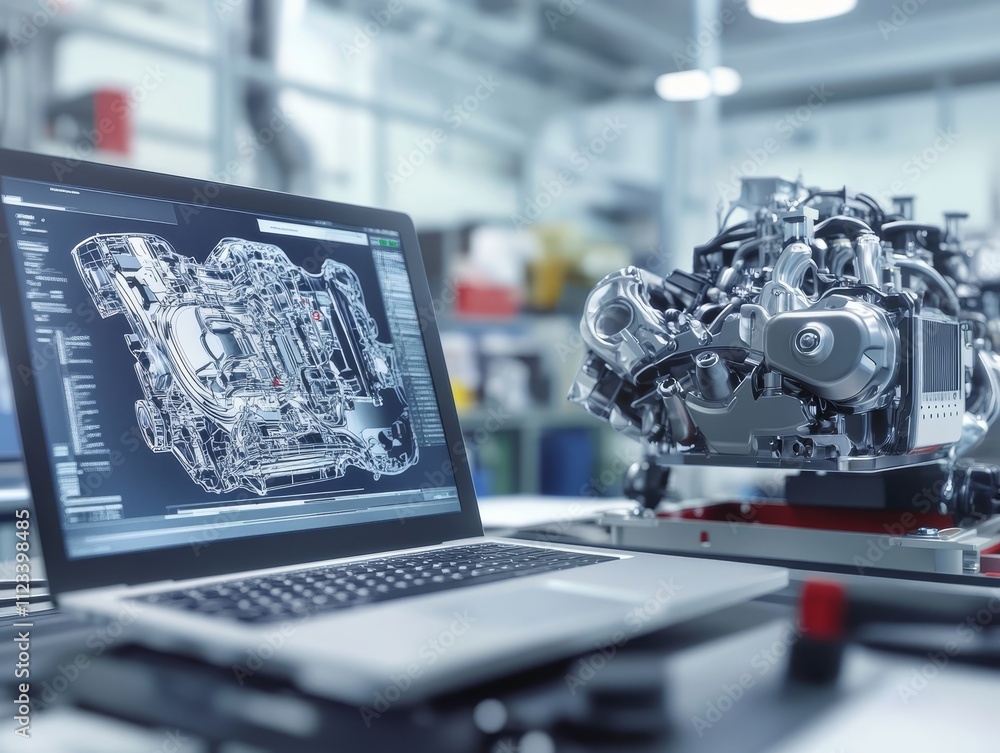 Aufkleber mechanic using laptop to analyze v8 engine performance in a professional workshop setting