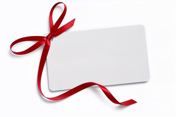 Blank Card With Red Ribbon Bow On Clean White Background
