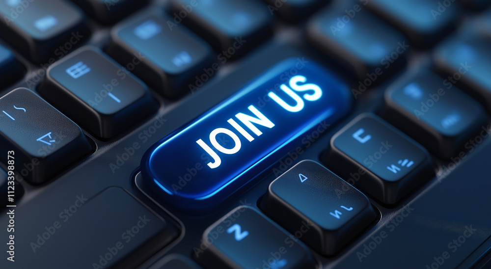 Poster close up of computer keyboard featuring prominent blue key with text join us, inviting engagement an