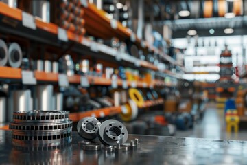 Obraz premium 3d visualization of car components brake disk, oil filter, and belt pulleys in store display