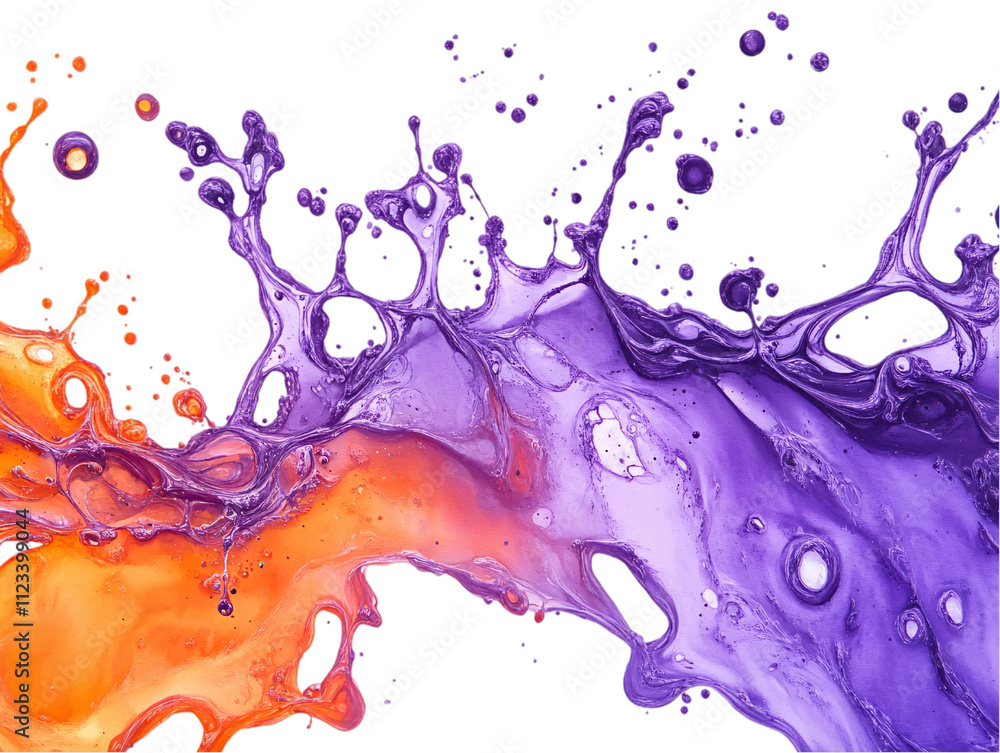 Poster vibrant splashes of orange and purple paint collide, creating dynamic shapes and droplets on transpa
