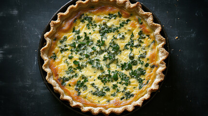 Quiche pie from top view. copy space frames savory dish, cheese melts in homemade creation, gourmet delight baked for dinner, above shot captures.