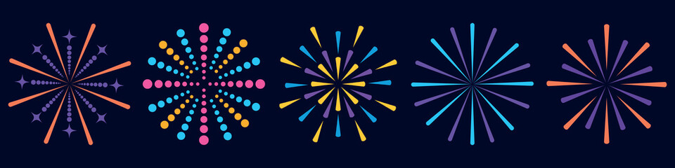 Set of colorful fireworks on a dark background.