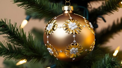 Festive, close-up photograph of a Christmas ornament hanging on a tree. The ornament is a large, glossy gold bauble with intricate gold detailing, including floral patterns and decorative elements. 